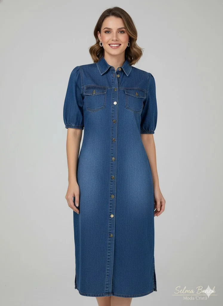 Vestido Jeans Midi Via Tolentino com Botões Dourados